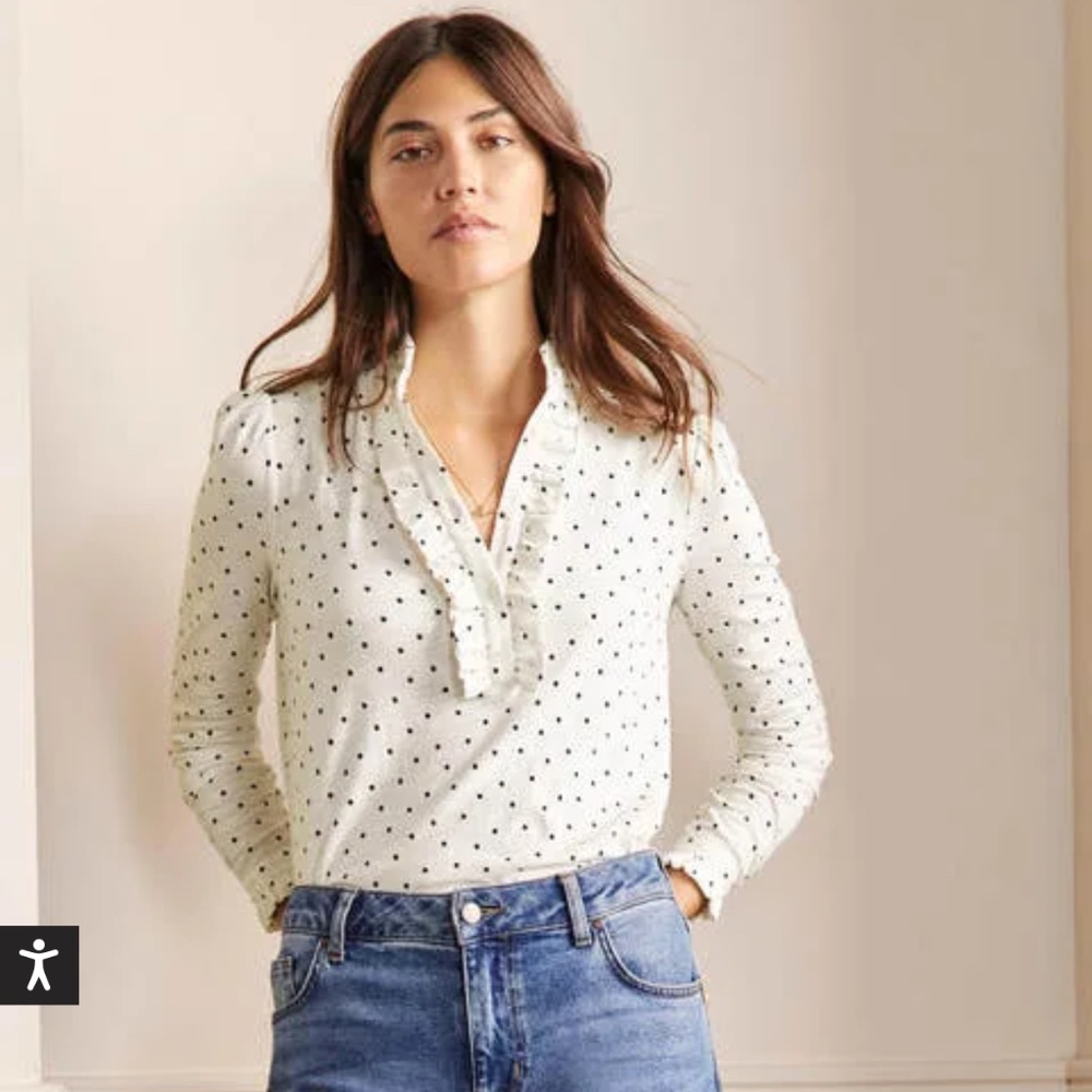 Boden Cream White Ruffle Polka Dot Long-Sleeve Top